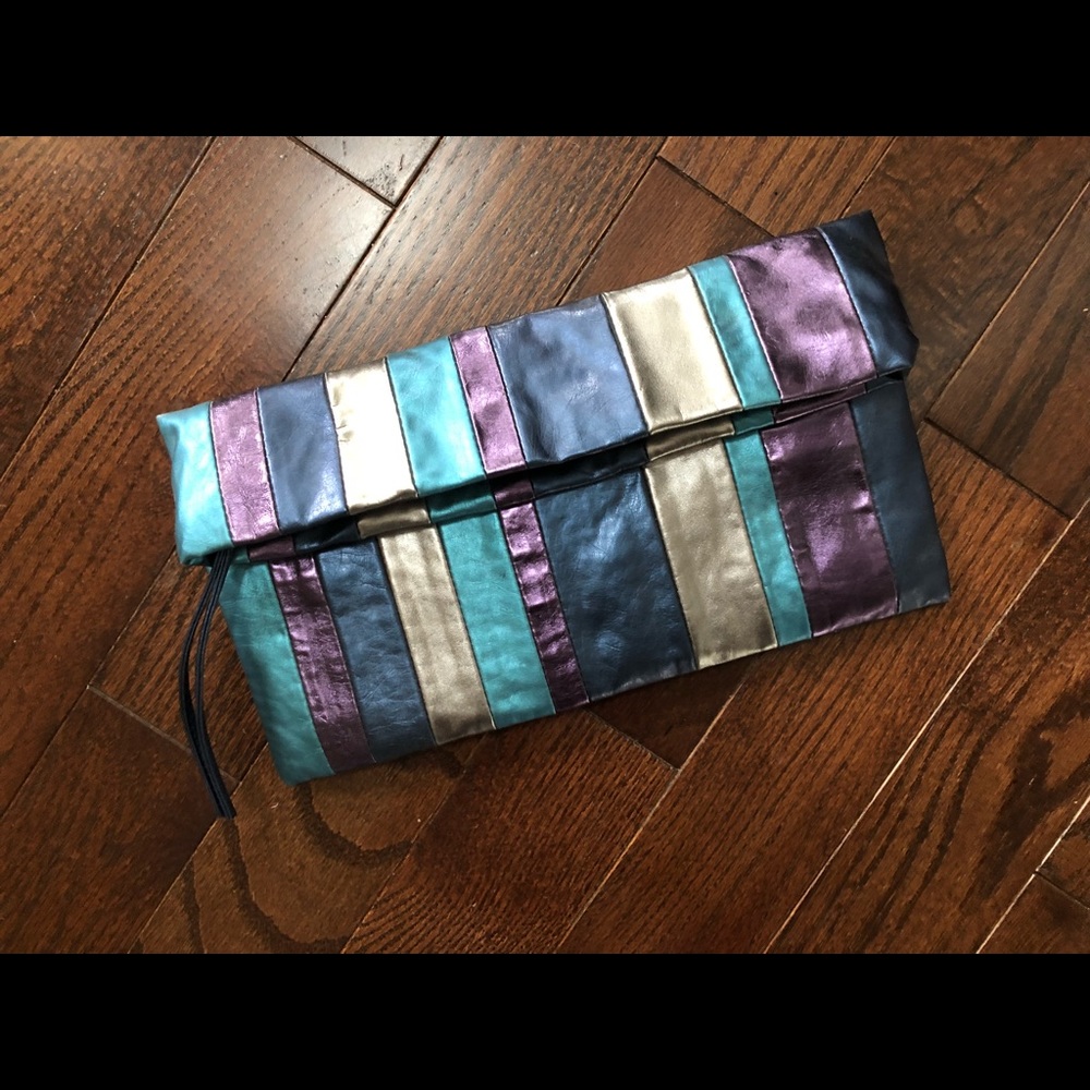 NEW Express Blue Metallic Foldover Clutch Purse